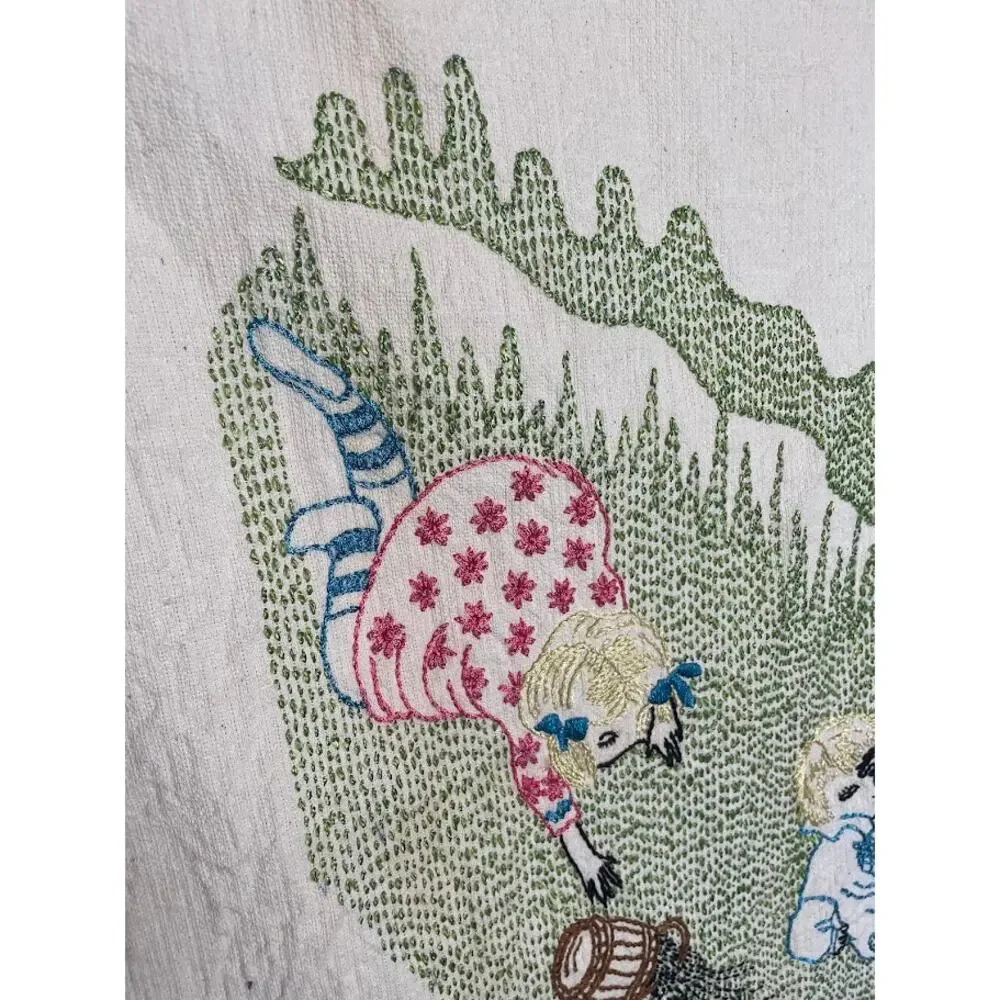 Vintage Hand Embroidered Baby Blanket Jack and Jill Nursery Rhyme Rare 60's 70's